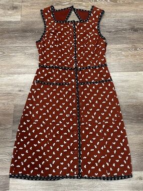 Anthropologie Rust Midi Dress with White Floral Print and Black Trim
